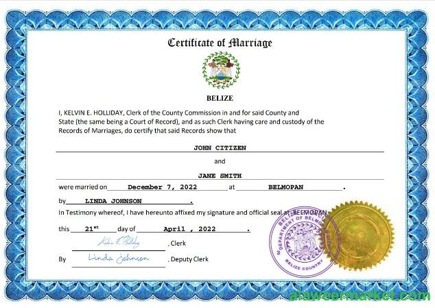 Belize marriage certificate Word and PDF template